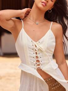 WESTFADE Crepe V Neck Lace Up Front Tiered Ruffle Flyaway Maxi Top Summer Beach Vacation Top - Beige - View 2