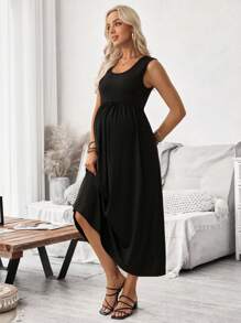 SHEIN Vestido de maternidad de línea A con bolsillos asimétricos de unicolor - Negro - Ver 3