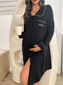 Moonlight&Mama 孕妇撞色滚边口袋字母刺绣领长袖连衣裙家居服，秋冬季舒适穿搭 - 黑色 - 查看 1