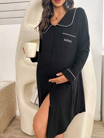 Moonlight & Mama Gravidklänning med kontrastfärgade detaljer, fickor, bokstavsbroderi, krage, långärmad, loungewear, höst & vinter, mysiga outfits