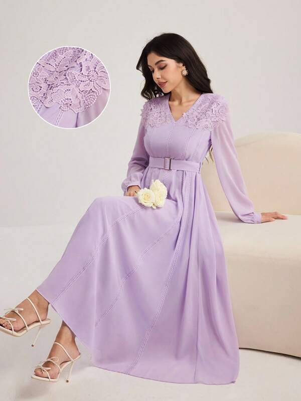 Modelyn Women's Fashion Lace Patchwork Decor Mid-Calf Dress, Mixed Fabric Patchwork Dress