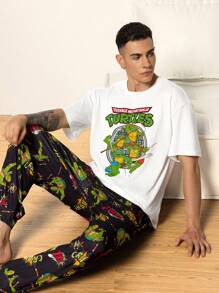 TEENAGE MUTANT NINJA TURTLES | SHEIN Men's Cartoon Turtle Pattern Short Sleeve Top And Pocket Pants Loungewear Set