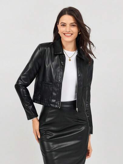 Miaspire 女式纯色酷炫拉链PU夹克秋季