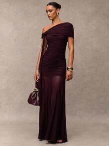 SHEIN BAE Burgundy Dress With A Flowing A-Line Skirt Is Elegant And Sophisticated, Suitable For Holidays, Weddings, Birthdays, Graduations, And Other Occasions. The Fitted Cut Makes It A Great Choice For Autumn Wear,Date Night Attire, Wedding Guest Wear, And Formal Wedding Guest Attire,Valentine's Day,Valentine Outfits For Women