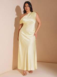 SHEIN BAE Đầm maxi hở lưng không đối xứng một bên vai gợi cảm tối giản màu vàng satin trơn cho nữ, thích hợp cho tiệc tùng, tiệc cocktail, dịp trang trọng, váy phù dâu, váy ngắn sinh nhật - Màu vàng - Xem 4