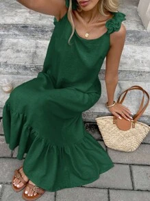 女式纯色荷叶边肩部设计荷叶边下摆宽松连衣裙 - 綠色 - 查看 5