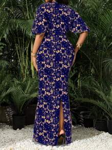 SHEIN Lady 大码女式纯色圆领灯笼袖长款优雅连衣裙优雅优雅针织圆领飘逸长袖大码连衣裙化妆舞会礼服蓝色连衣裙正式礼服情人节新年派对礼服