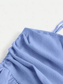 SHEIN Girlism Teen Girl Solid Color Ruched Double-Layer Casual Camisole Dress Blue Bodice Mermaid Knitted Spaghetti Straps Mini - Blue - View 5