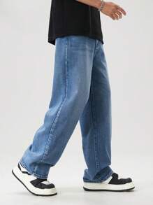 SHEIN Jeans casual e versatili per ragazzi adolescenti, capo di moda semplice e comodo, pantaloni in denim con gamba ampia e vestibilità comoda, lavaggio dell'acqua, effetto slavato e strappato, colore nero