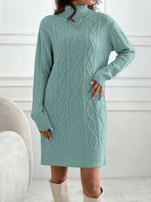 EURMUSE Knitwear Dress With Folded Neck And Cable Pattern,Winter Dresses For Women,Petite - Mint Green - View 4