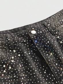 ROMWE MEN Street Life Men's Pearl Rhinestone Beaded Loose Denim Shorts - Black - View 4