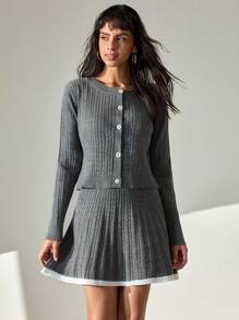 CLARA VERO 女士纽扣前褶裙和可爱开衫两件套 2 件 - 灰色 - 查看 3