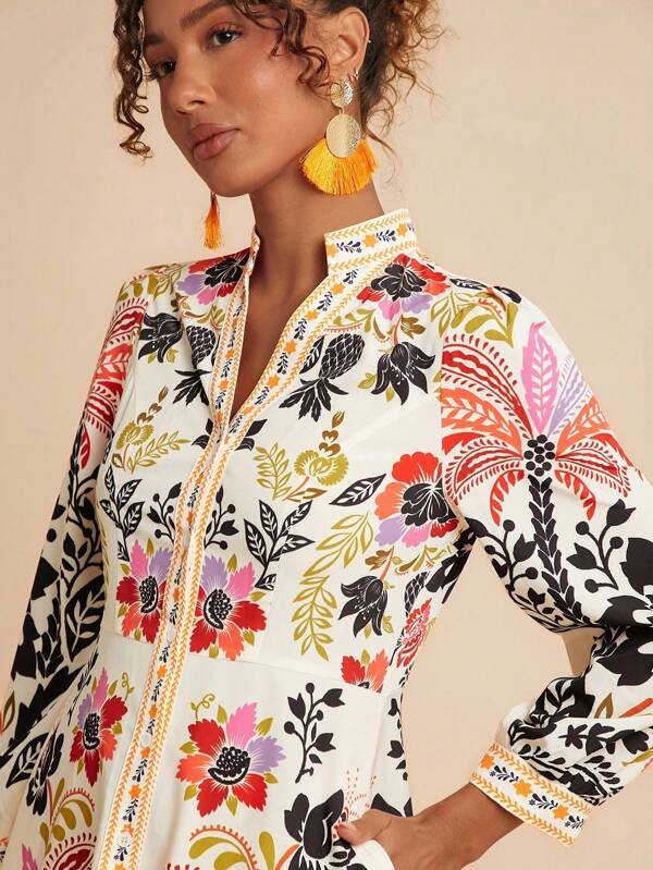 Travachic Women Palm Tree Print Long Sleeve Button Down Casual Midi Dress, Floral Midi Dress, Resort Wear Women, Havana Nights Outfit,Fall Dresses For Women,Old Money Style Women,Old Money Outfits Women
