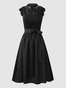 Fairmaia Traditionelles deutsches Vintage-Ärmelloses Damen Kleid Traditionelles Dirndl-Kleid mit quadratischem Ausschnitt und Schürze, für Oktober Traditionelles deutsches Damen-Set: Spitzen-Patchwork-Transparenz-Bluse & Kleid & strukturierter Diamantmuster-Gürtel-Schürze, Halloween - Schwarz - Übersicht 1