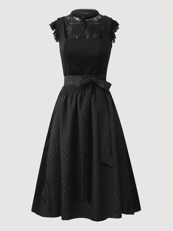 Fairmaia Robe traditionnelle allemande vintage sans manches pour femmes. Robe Dirndl traditionnelle avec encolure carrée et tablier. Ensemble traditionnel allemand pour femmes : Blouse transparente en dentelle et patchwork, robe et tablier ceinturé à motif diamant texturé, pour Halloween