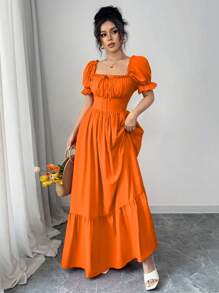 Rafferiza 女式方领泡泡袖前系带露背束腰连衣裙 - 橘色 - 查看 4