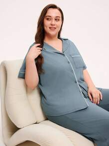 LUVLETTE 夏季女士加大码蓝色柔软100%纯棉撞色滚边短袖基础款纽扣上衣和裤子套装，女士家居服透气睡衣套装，裤子带口袋，居家舒适内衣 - 綠色 - 查看 6