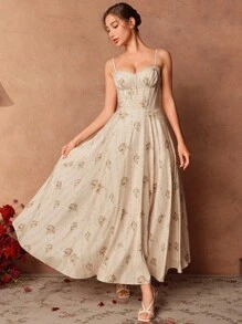 Savoree Women Vintage Floral Elegant Sleeveless A-Line Dress, Resort Vacation Party Dress For Spring/Summer - Apricot - View 4