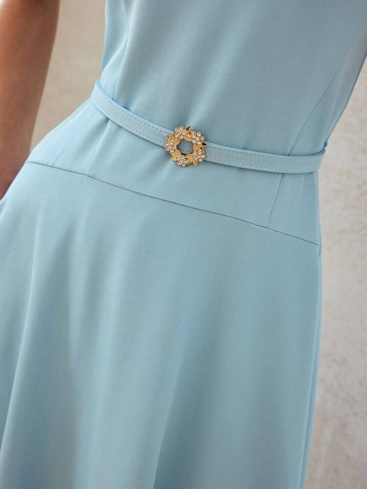 SOLID CAP SLEEVE FLOWY HEM BELTED DRESS