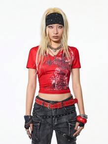 SHEIN HypeZone Áo thun tay ngắn có mũ thời trang ngoài trời cá tính dành cho nữ, mùa hè - Đỏ - Xem 5