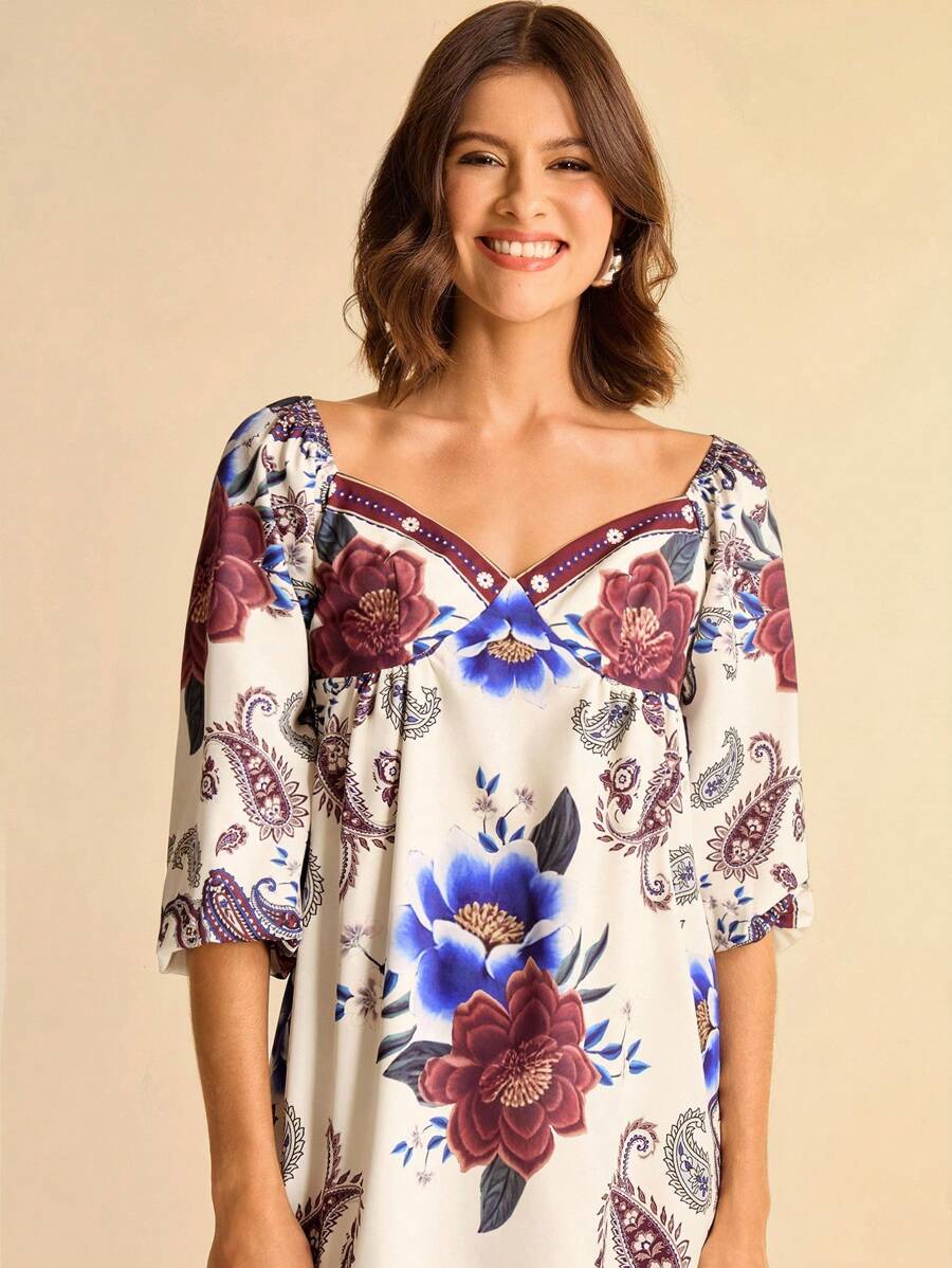 CAJUNI Váy ngắn mùa hè họa tiết hoa mẫu đơn tím và paisley màu đỏ/trắng cổ chữ V dành cho nữ, váy dành cho nữ, váy mùa hè, váy mùa hè, váy đỏ, váy ngắn - Nhiều màu - Xem 1