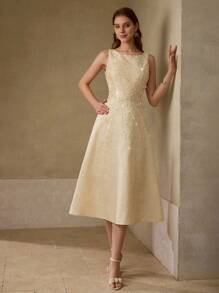 MOTF PREMIUM SLEEVELESS DRESS WITH ROSE JACQUARD AND RHINESTONE DETAILS