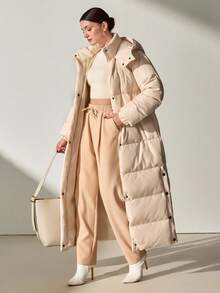 CLARA VERO Women's Light Beige Casual Side Buttoned Hooded Winter Coat - Beige - View 5