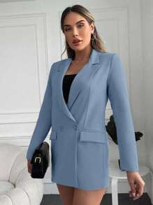 EURMUSE 女式纯色翻领长袖双排扣休闲西装外套 - 霧霾藍 - 查看 5