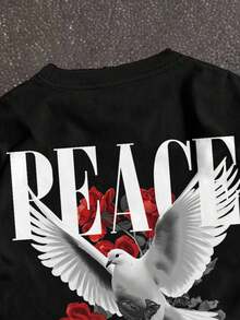 SHEIN Bolty 1pc Teen Boy's Street-Style Retro Red Rose And Peace English Pattern Black Knitted Loose T-Shirt, Suitable For Summer.Spring Wear; Teen Boys' Clothing; Teen Boy' Jackets, Spring Back To School - Black - View 5