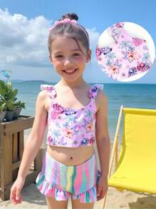 小女孩泳衣套装，荷叶边三角形下装，可爱兔子印花设计，可调节肩带，弹性面料，夏季