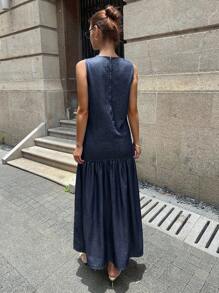 DAZY 女士休闲水洗牛仔无袖迷你连衣裙 - 藍色 - 查看 3