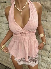 Flirla Women's Neck-Tie Knitted Crop Top With Bowknot, Ruffle Hem, Figure-Flattering, Versatile - Pink - View 6