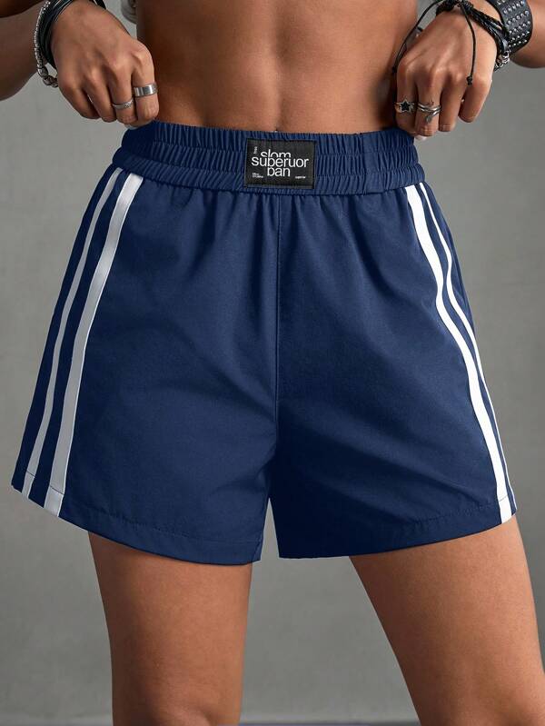 Streetz SHEIN Sport Pantalones cortos deportivos sueltos de verano para mujer con cintura elástica, estampado de letras y rayas contrastantes en los laterales