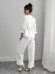 Momance 2pcs Nursing Set: Crew Neck Half Placket Frill Trim Blouse + Tie Front Bow Waist Straight Leg Pants