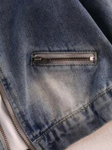 Denimly Spring & Autumn New Young Boy Retro Vintage Denim Jacket. Classic Denim Blue With Distressed Washing Technique Creates A Fashionable Vintage Vibe. Featuring A Collared Neck And Decorative Zipper Pockets, This Jacket Combines Aesthetics And Visual Layering. Metal Zipper Closure Makes It Easy To Put On And Take Off. Suitable For Daily Outings, School, Family Gatherings, Outdoor Activities, Etc. An On- Item That Easily Transforms Boys Into Stylish Kids! - Medium Wash - View 6