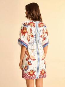 CAJUNI Đầm ngắn đi nghỉ Boho họa tiết hoa nhiệt đới, cây cối và chim cổ chữ V có thể điều chỉnh eo thắt chặt dành cho nữ - Nhiều màu - Xem 7