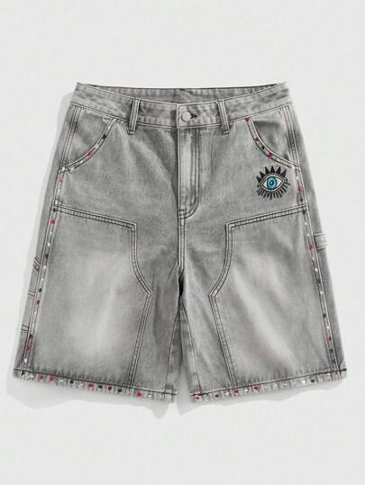 Street Life Men's Sparkling Diamond Embroidered Pattern Cargo Denim Shorts