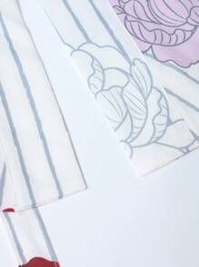 Irokai Stripe & Floral Print Batwing Sleeve Top And Mini Skirt Yukata Kimono Set(Without Fan)