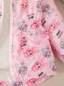 SHEIN Elladie kids 1 件年轻女孩可爱卡通印花粉色连帽运动衫，松紧腰带，保暖衬里，时尚简约设计，适合秋冬 - 粉色 - 查看 8