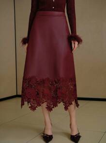 MOTF PREMIUM CONTRAST LACE PU LEATHER SKIRT - Burgundy - View 4