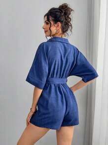 Momance 孕妇连体裤，含半领衬衫、前系带蝴蝶结、前扣、腰带和阔腿短裤 - 藍色 - 查看 2