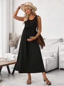 SHEIN Vestido de maternidad de línea A con bolsillos asimétricos de unicolor - Negro - Ver 5