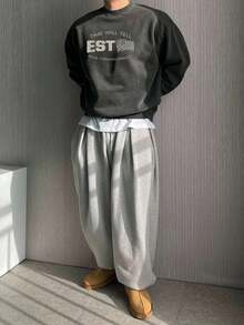 DAZY 男士灰色字母与美国国旗印花套头圆领运动衫，秋季 - 灰色 - 查看 5