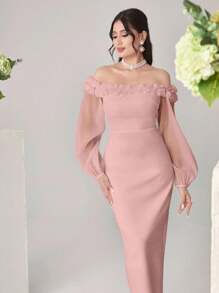 Modelyn 女士露肩优雅纯色3D花卉装饰连衣裙 - 粉色 - 查看 4