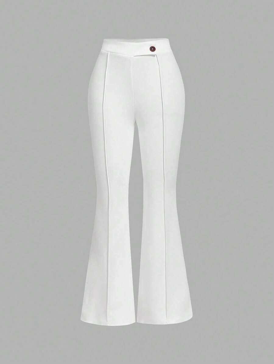 SHEIN MOD High Waist Flare Leg White Toothpick Pleats Pants - White - View 1