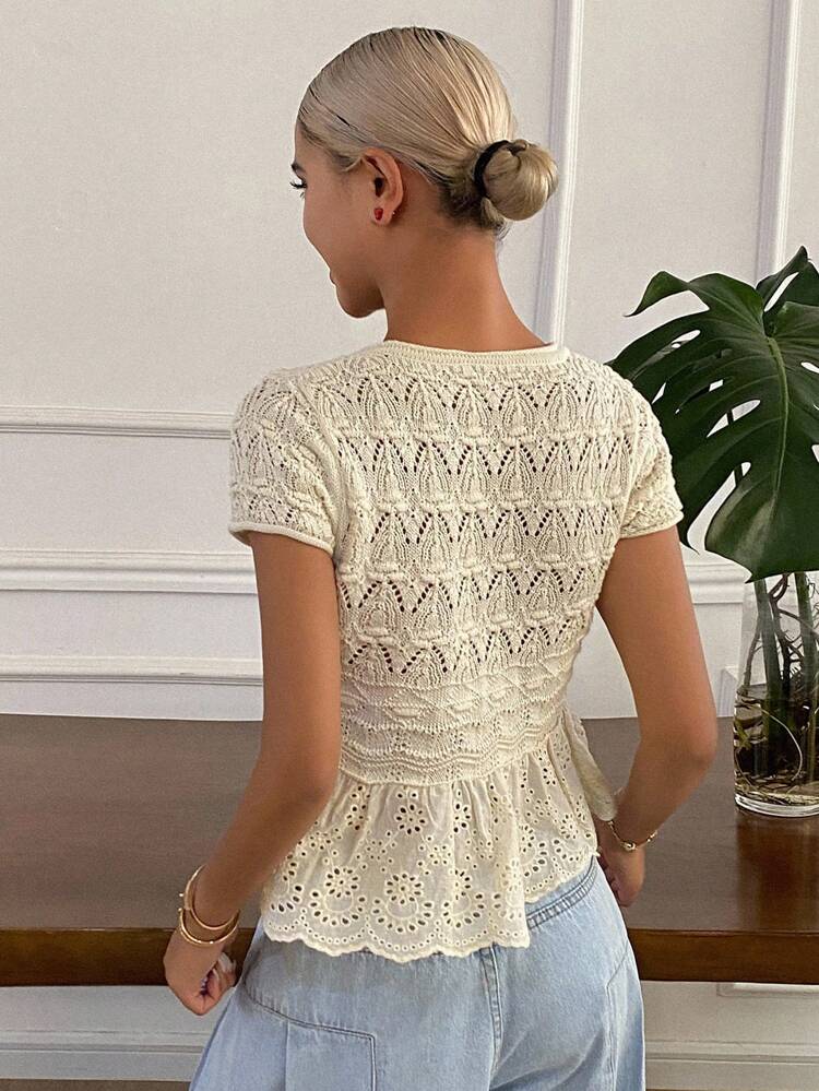 Women's Solid Color Patchwork Lace Hem Fitted Crew Neck Short Sleeve Casual Vacation Knit Sweater, Autumn