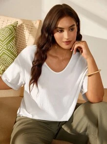 EMERY ROSE 大码女式纯色V领落肩短袖休闲棉质衬衫 - 白色 - 查看 5