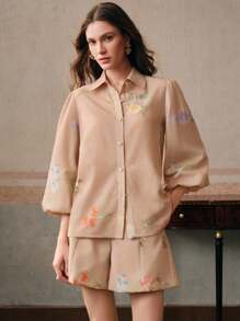 Anewsta Áo cánh tay đèn lồng in hoa thanh lịch cho nữ, thời trang cho kỳ nghỉ hè - Màu Khaki - Xem 6