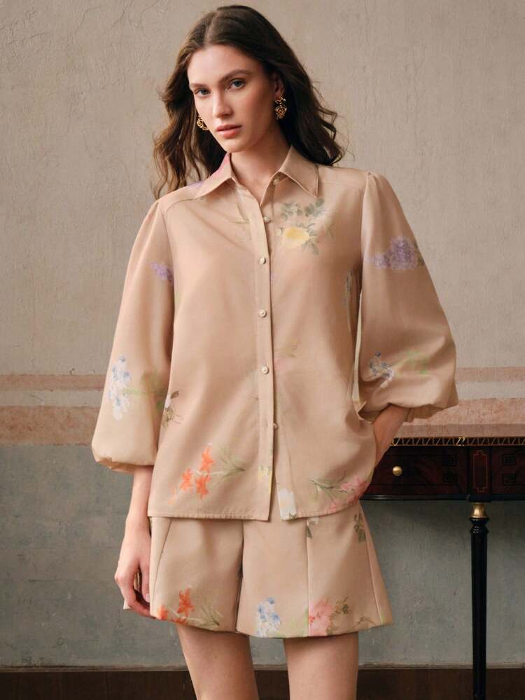 Women's Floral Print Lantern Sleeve Elegant Blouse, Fashionable For Summer Vacation