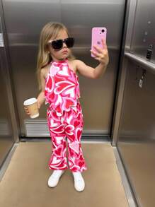 SHEIN Babygirl 两件套时尚心形针织吊带上衣和喇叭裤 - 紅色 - 查看 8